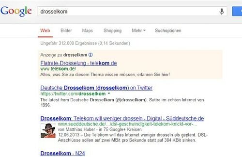 Wer sich informieren will, was es mit dem Begriff "Drosselkom" auf sich hat, findet als erstes Suchergebnis eine Google-Anzeige der Telekom.